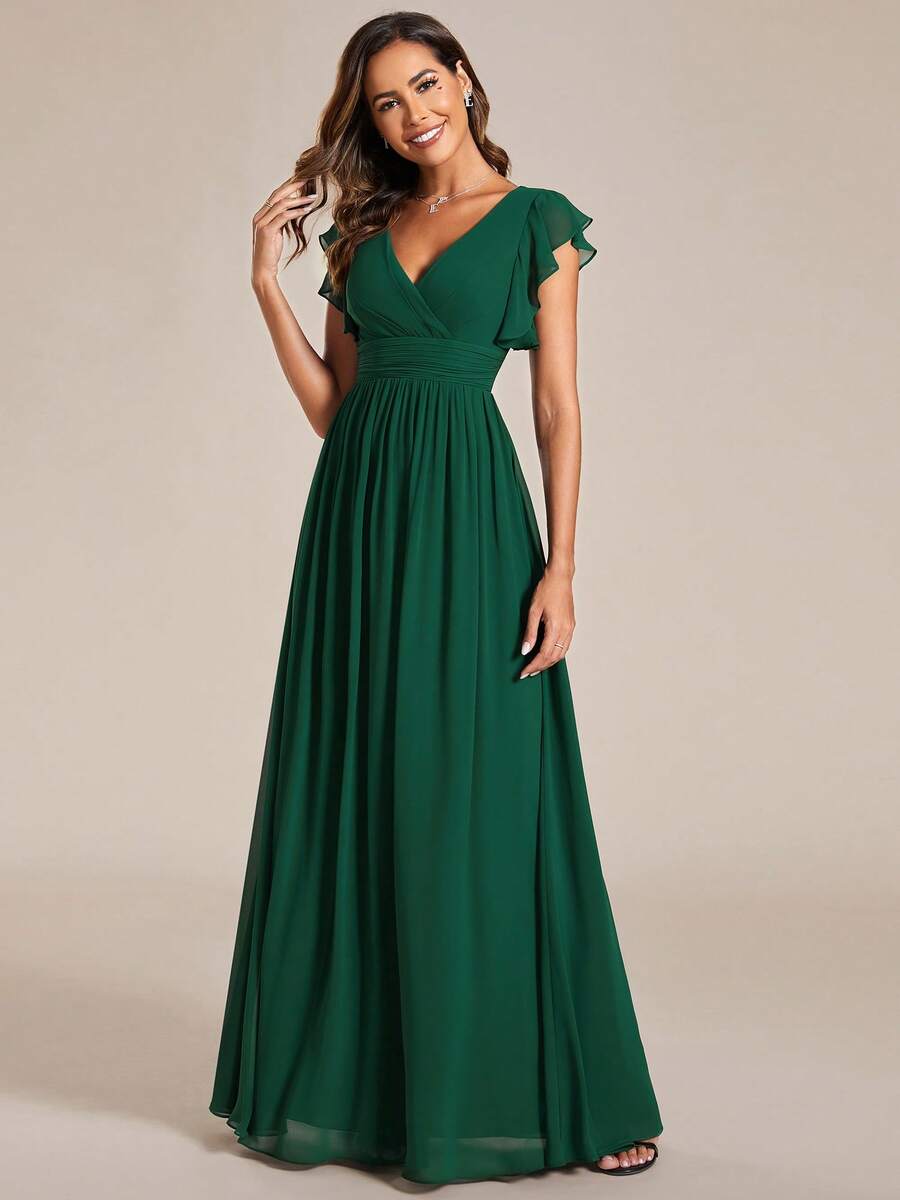 Chic A-Line V-Neck Flutter-Sleeve Cutout-Back Floor-Length Evening Dresses