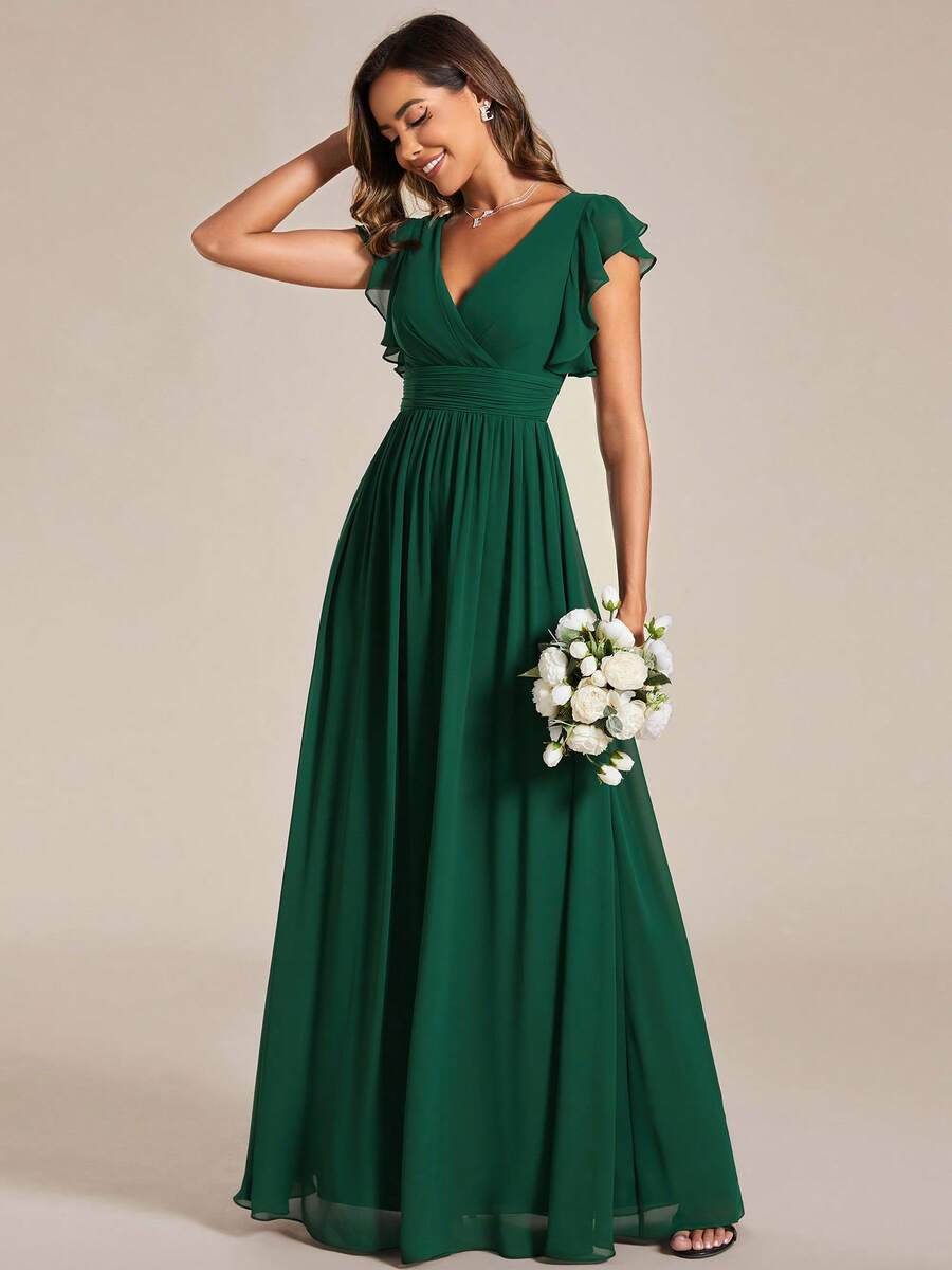Chic A-Line V-Neck Flutter-Sleeve Cutout-Back Floor-Length Evening Dresses