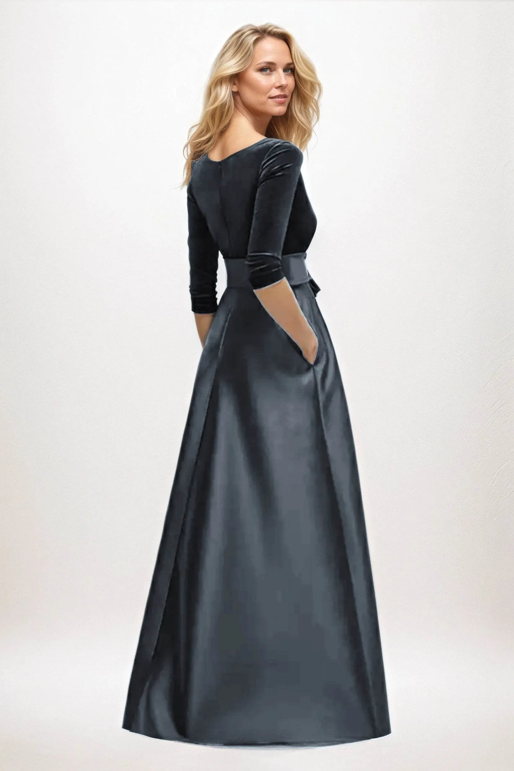 Chic A-Line V-Neck Three-Quarter Sleeve Bow Back Floor-Length Mother Of The Bride Dresses
