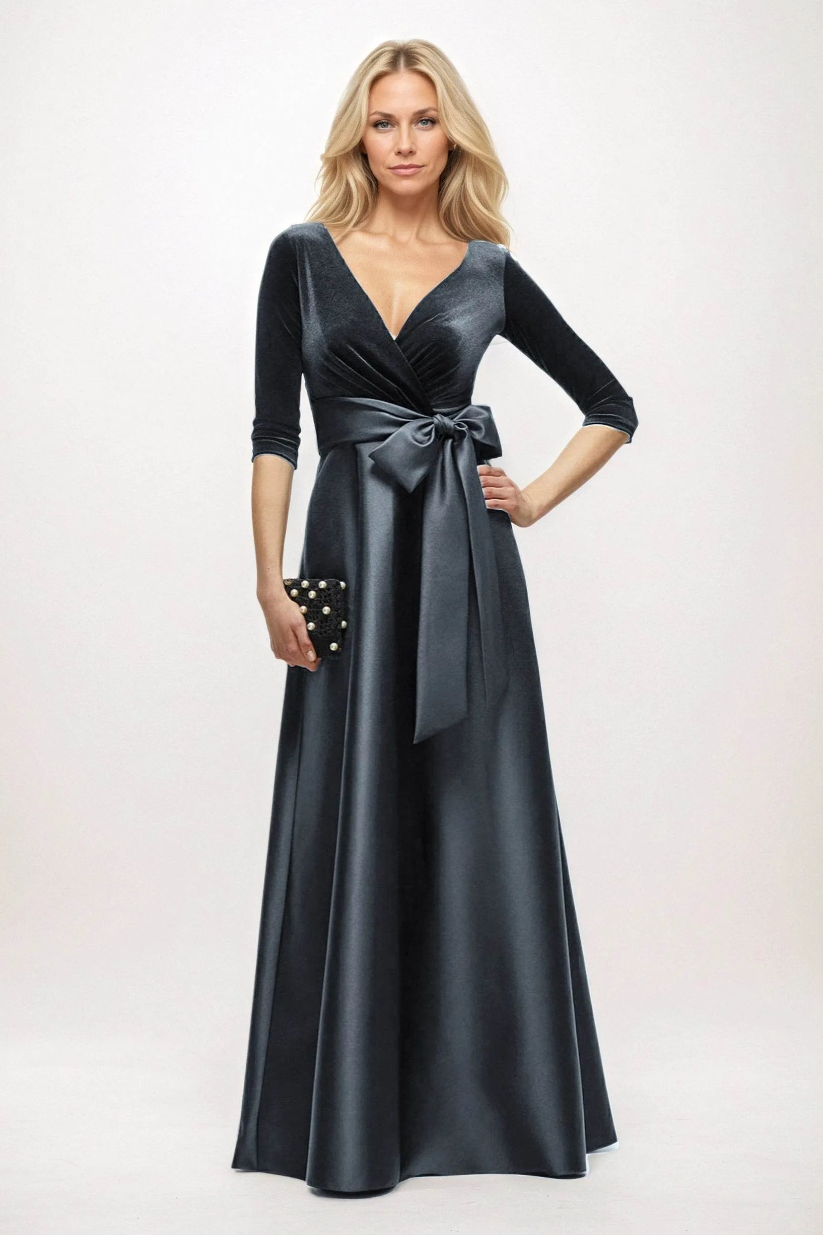 Chic A-Line V-Neck Three-Quarter Sleeve Bow Back Floor-Length Mother Of The Bride Dresses