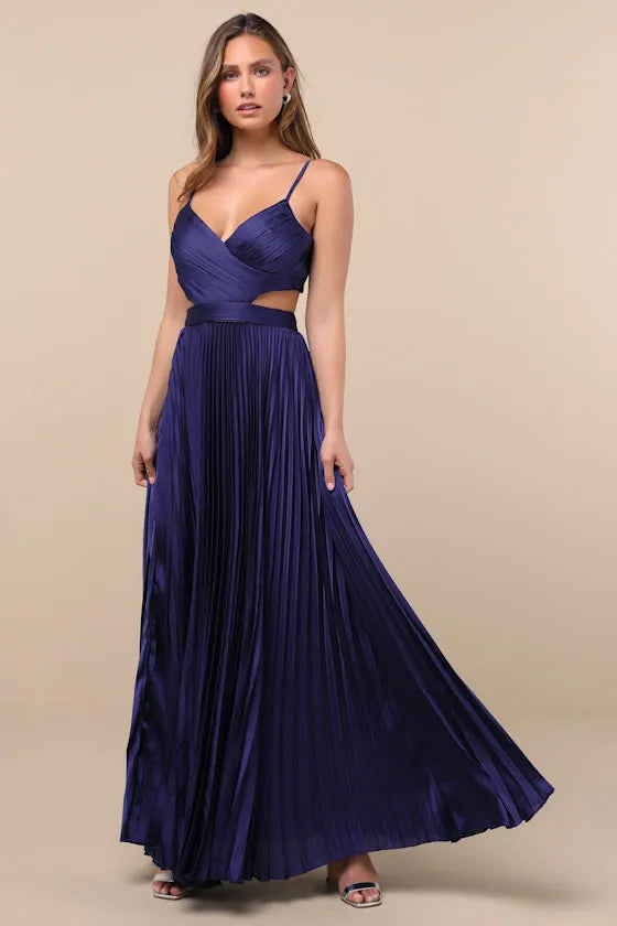 Chic A Line Deep V Spaghetti Strap Cutout Back Pleated Floor Length Formal Prom Dresses