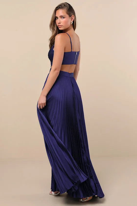 Chic A Line Deep V Spaghetti Strap Cutout Back Pleated Floor Length Formal Prom Dresses