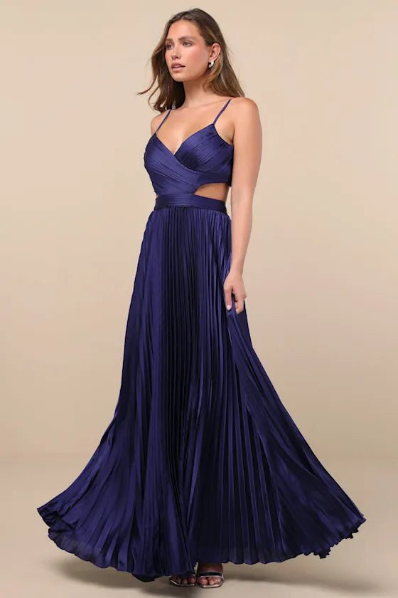 Chic A Line Deep V Spaghetti Strap Cutout Back Pleated Floor Length Formal Prom Dresses