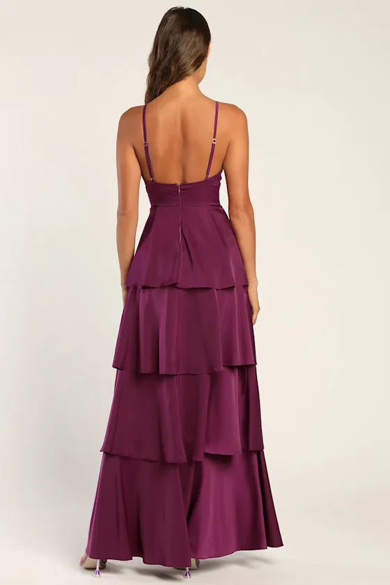 Chic A Line Deep V Spaghetti Strap Tiered Skirt Floor Length Formal Prom Dresses