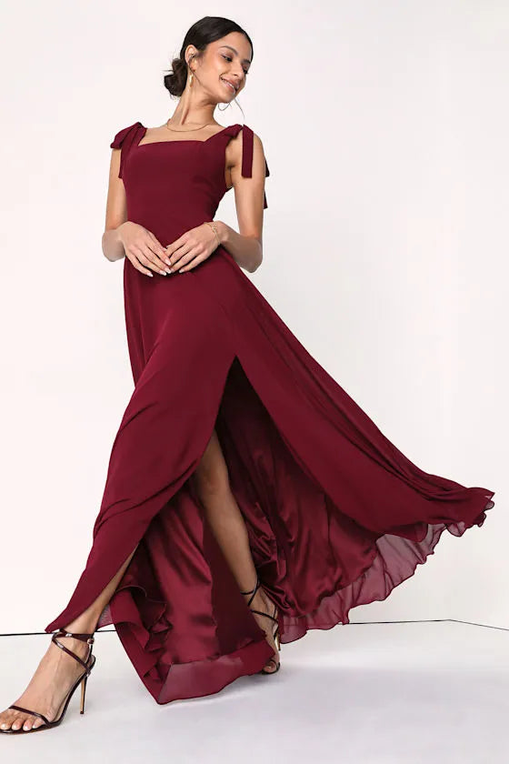 Chic A Line Square Neck Bow Strap Open Back High Slit Floor Length Formal Prom Dresses