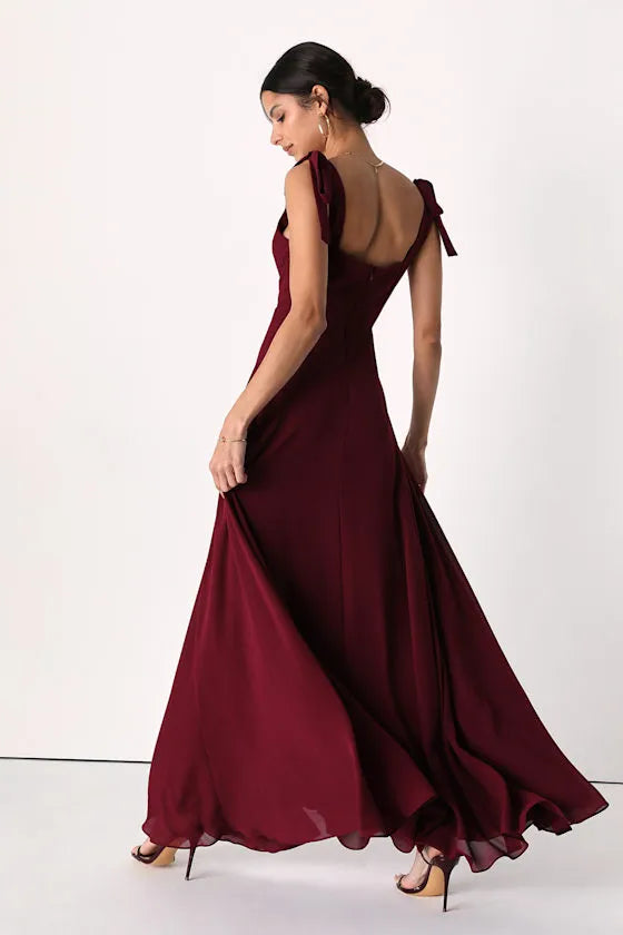 Chic A Line Square Neck Bow Strap Open Back High Slit Floor Length Formal Prom Dresses
