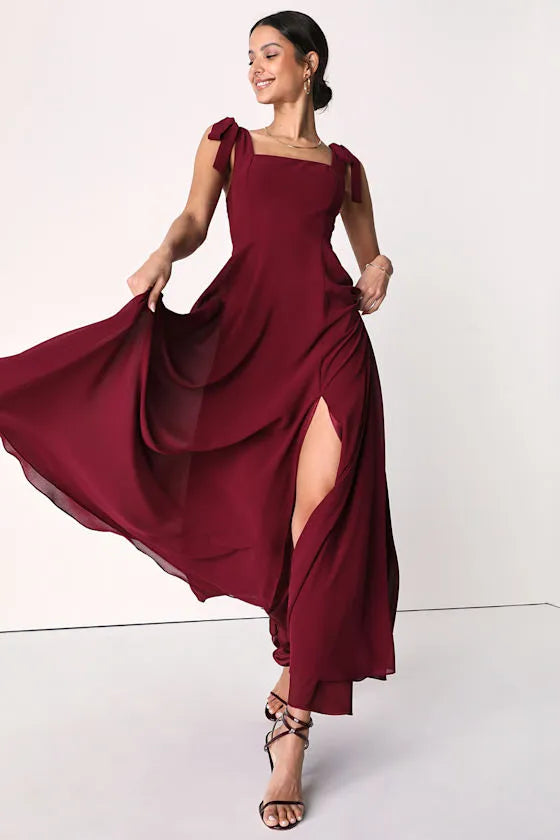 Chic A Line Square Neck Bow Strap Open Back High Slit Floor Length Formal Prom Dresses