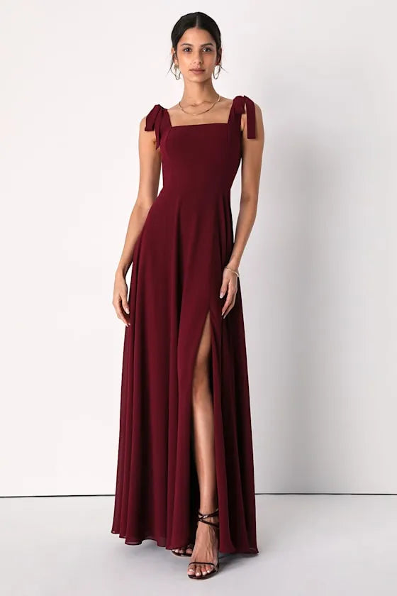 Chic A Line Square Neck Bow Strap Open Back High Slit Floor Length Formal Prom Dresses