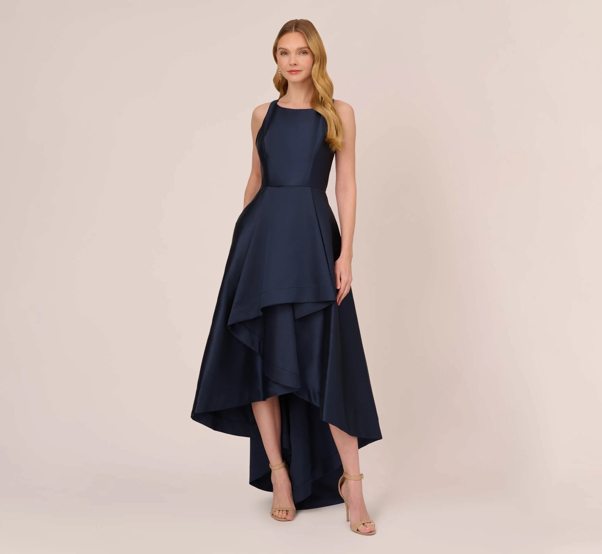 Chic Ballgown High Neck Sleeveless Zip Back High-Low Length Evening Dress With Asymmetrical