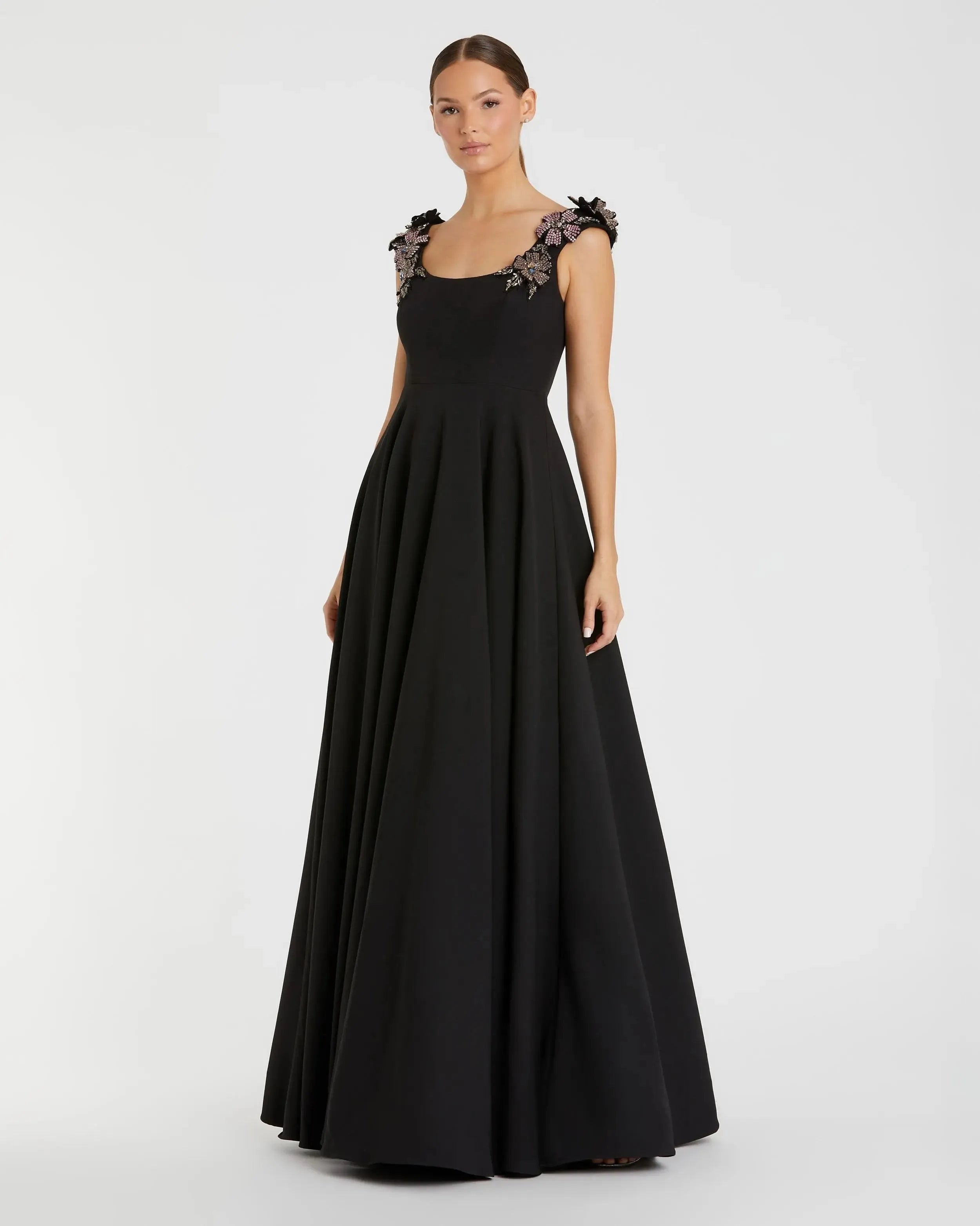 Chic Ballgown Square Neck Embellished Shoulder Open Back Floor Length Formal Prom Dresses