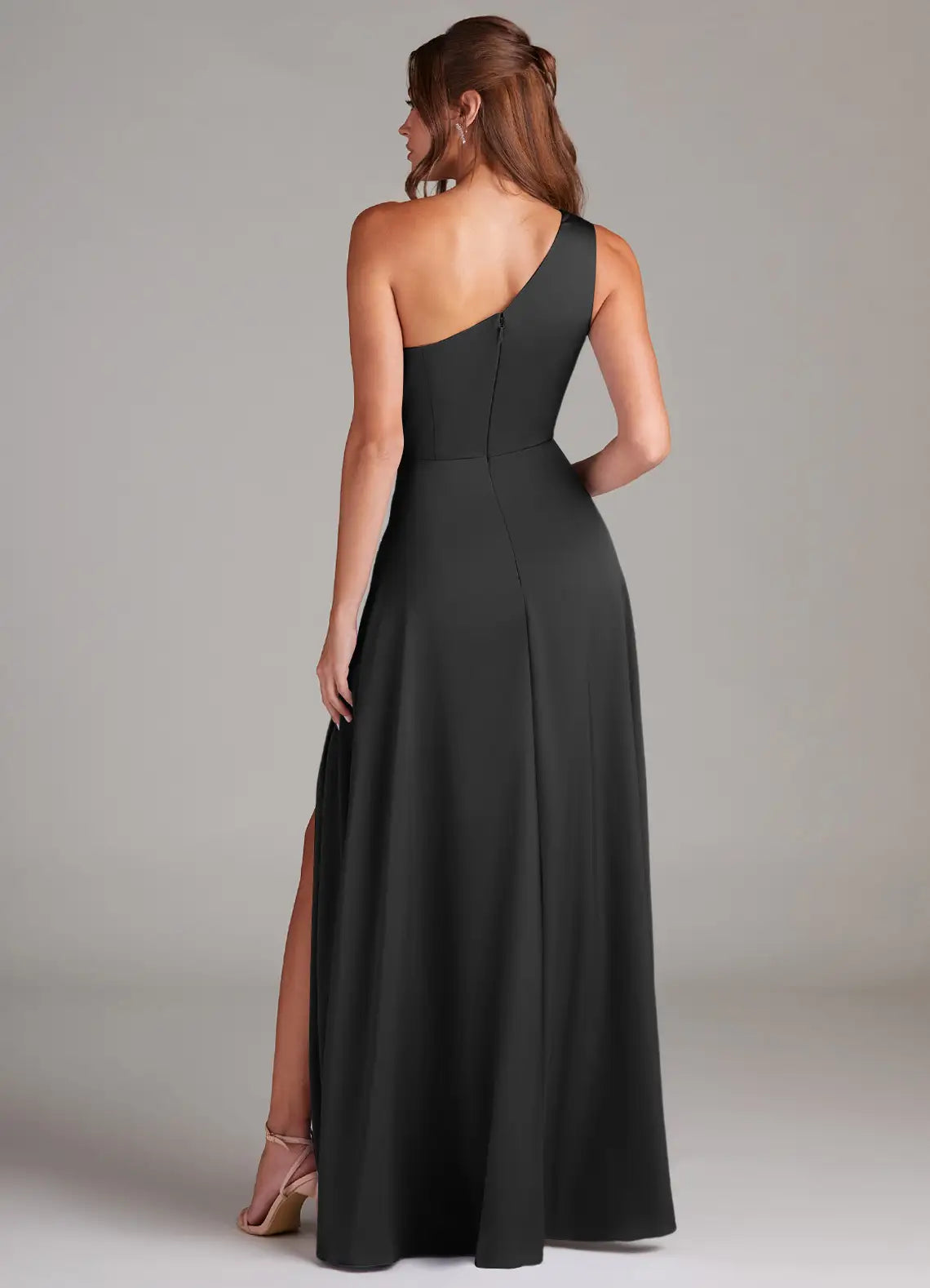 Chic Black A-Line One-Shoulder Draped Sleeveless Pleated Back Zip High-Slit Floor-Length Bridesmaid Dresses