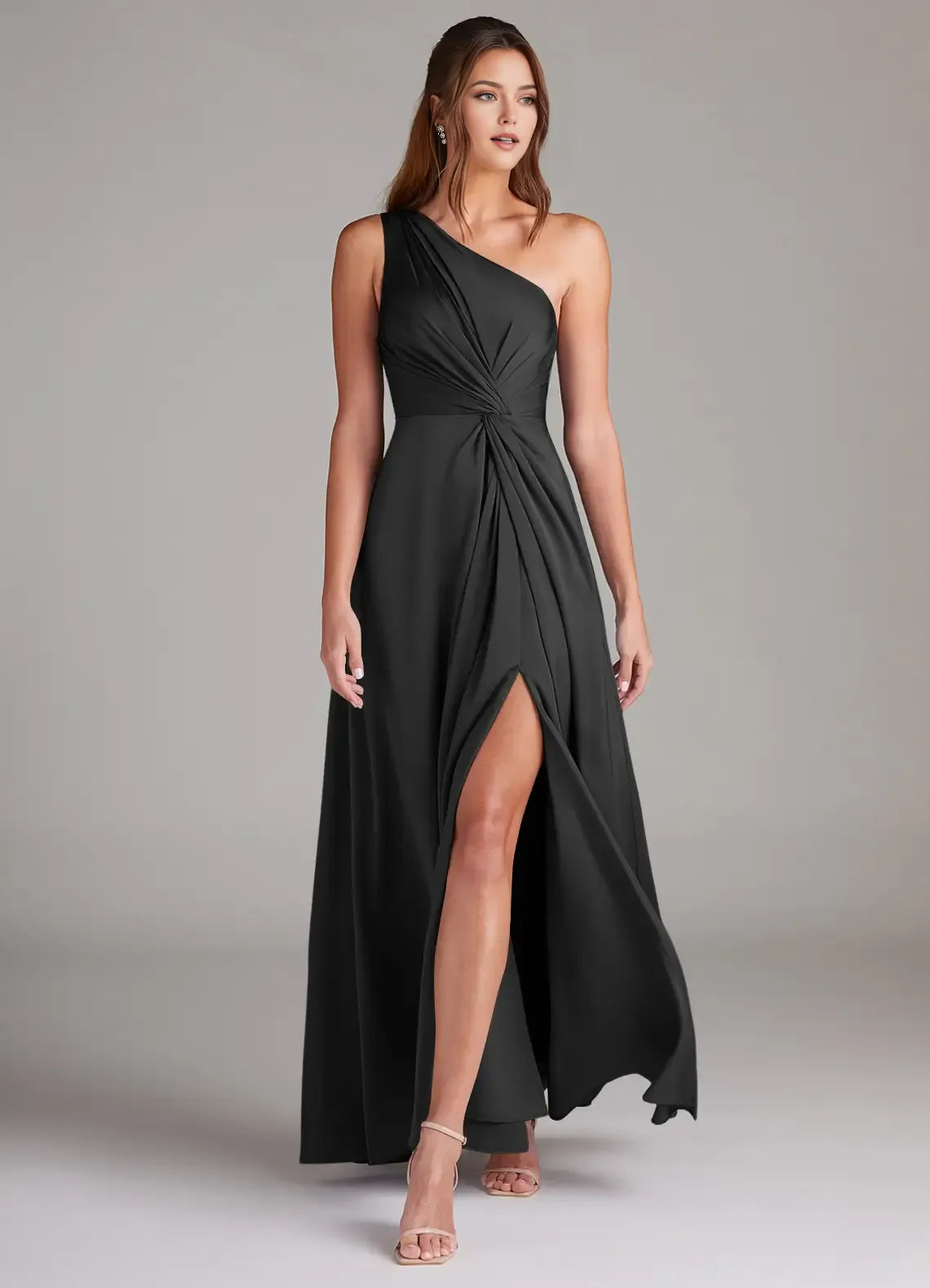 Chic Black A-Line One-Shoulder Draped Sleeveless Pleated Back Zip High-Slit Floor-Length Bridesmaid Dresses