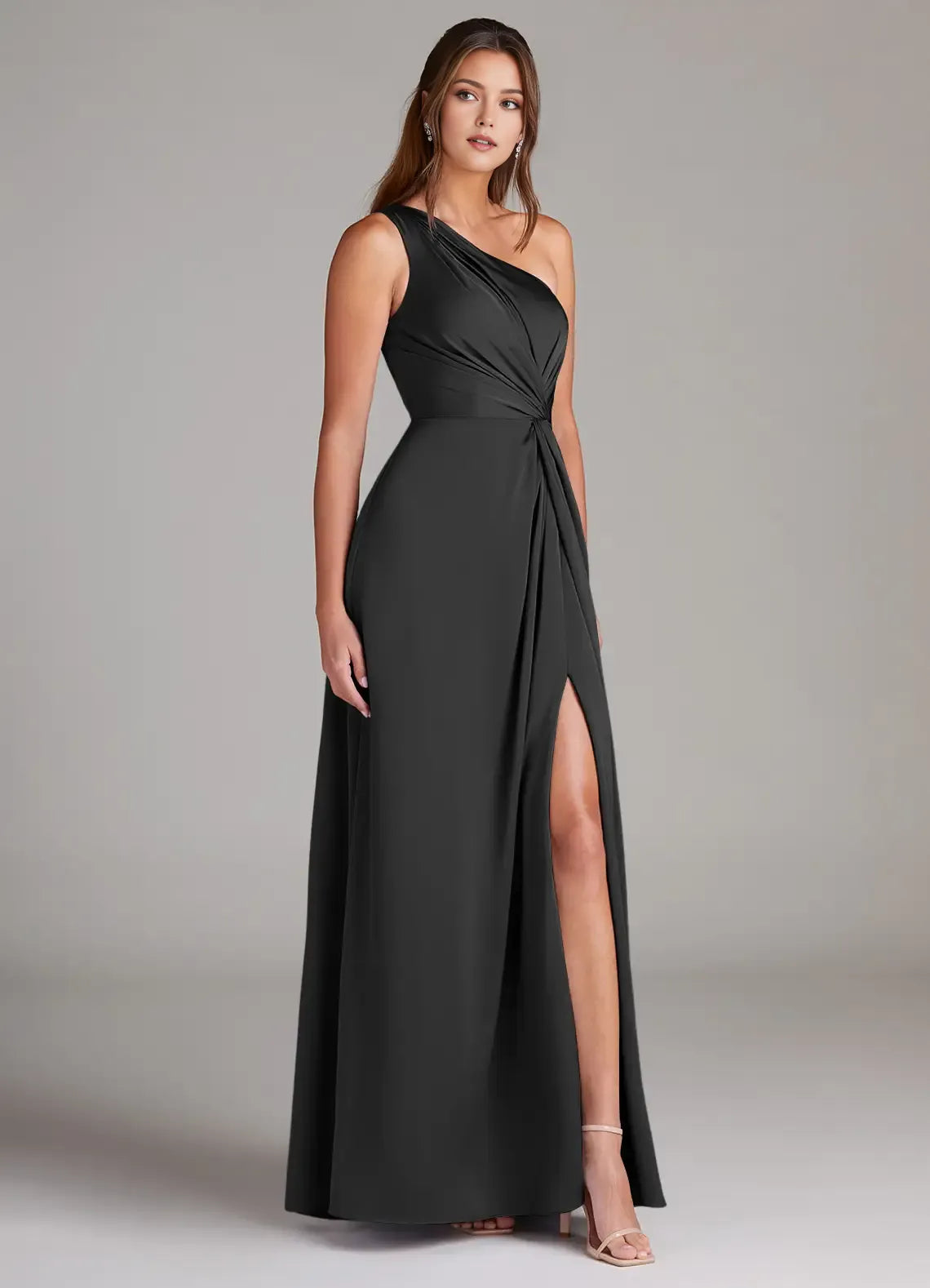 Chic Black A-Line One-Shoulder Draped Sleeveless Pleated Back Zip High-Slit Floor-Length Bridesmaid Dresses