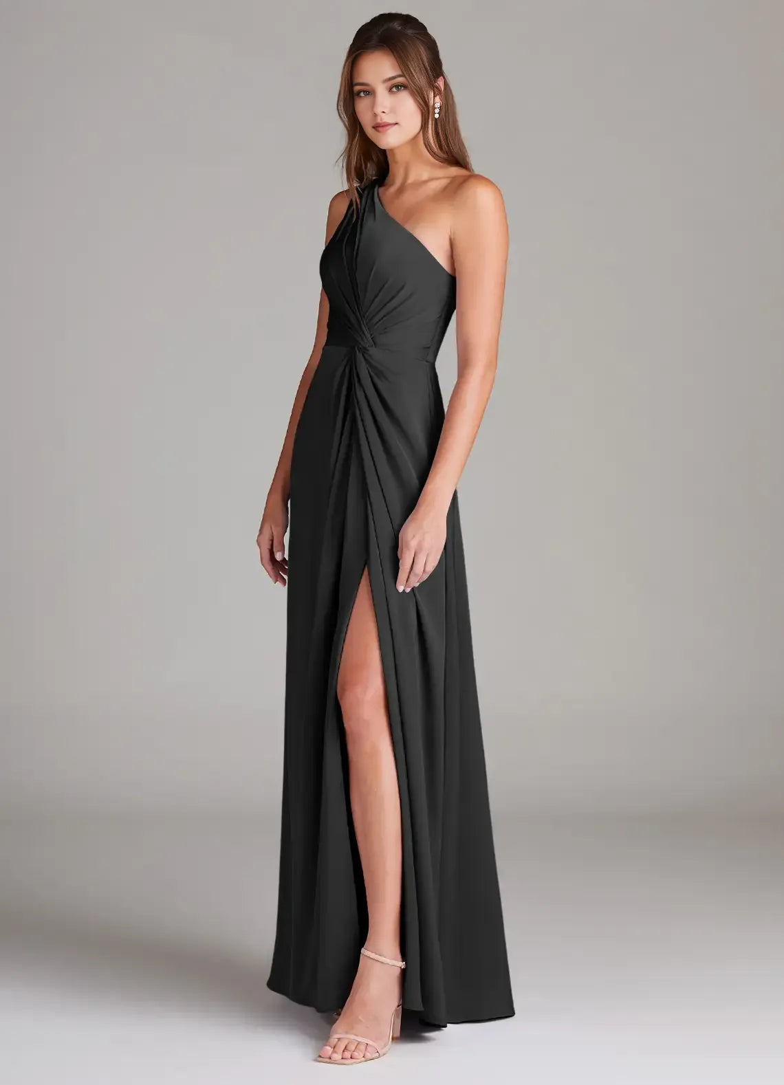 Chic Black A-Line One-Shoulder Draped Sleeveless Pleated Back Zip High-Slit Floor-Length Bridesmaid Dresses