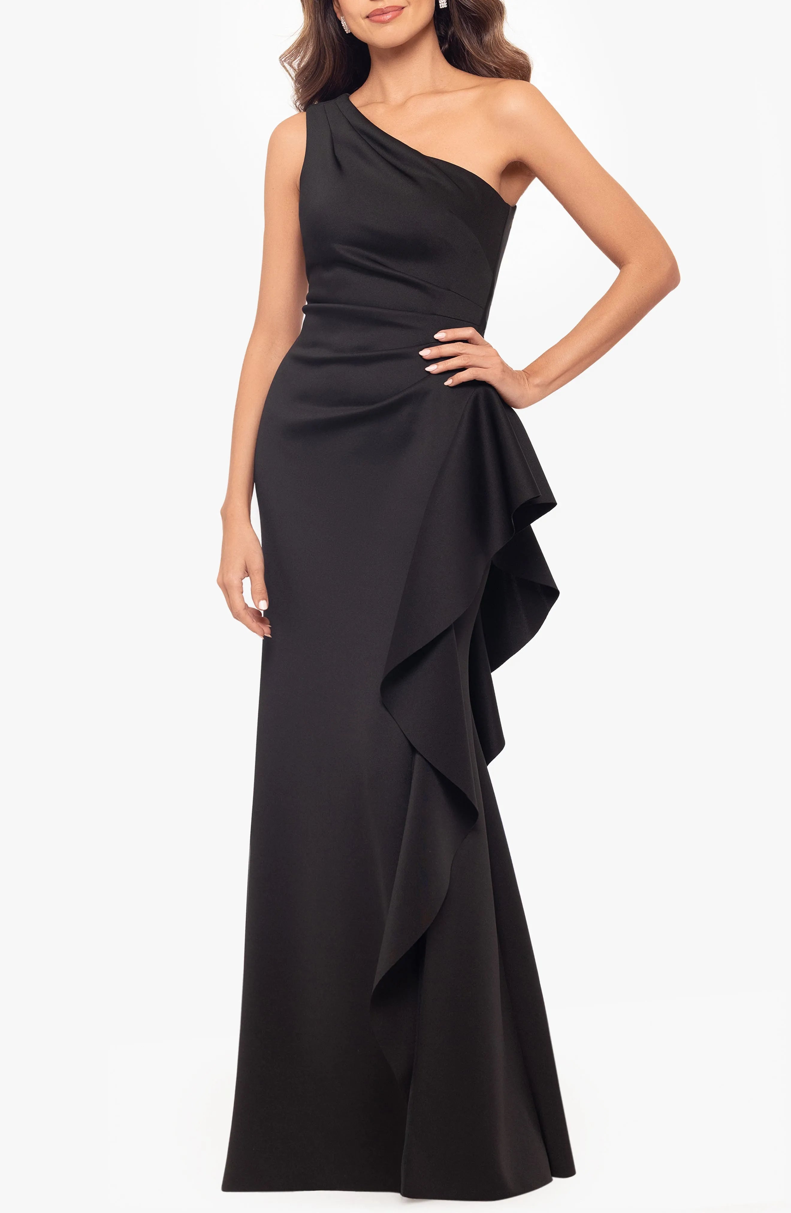 Chic Black Mermaid One-Shoulder Ruffle Strap Back Zip Floor-Length Evening Dresses