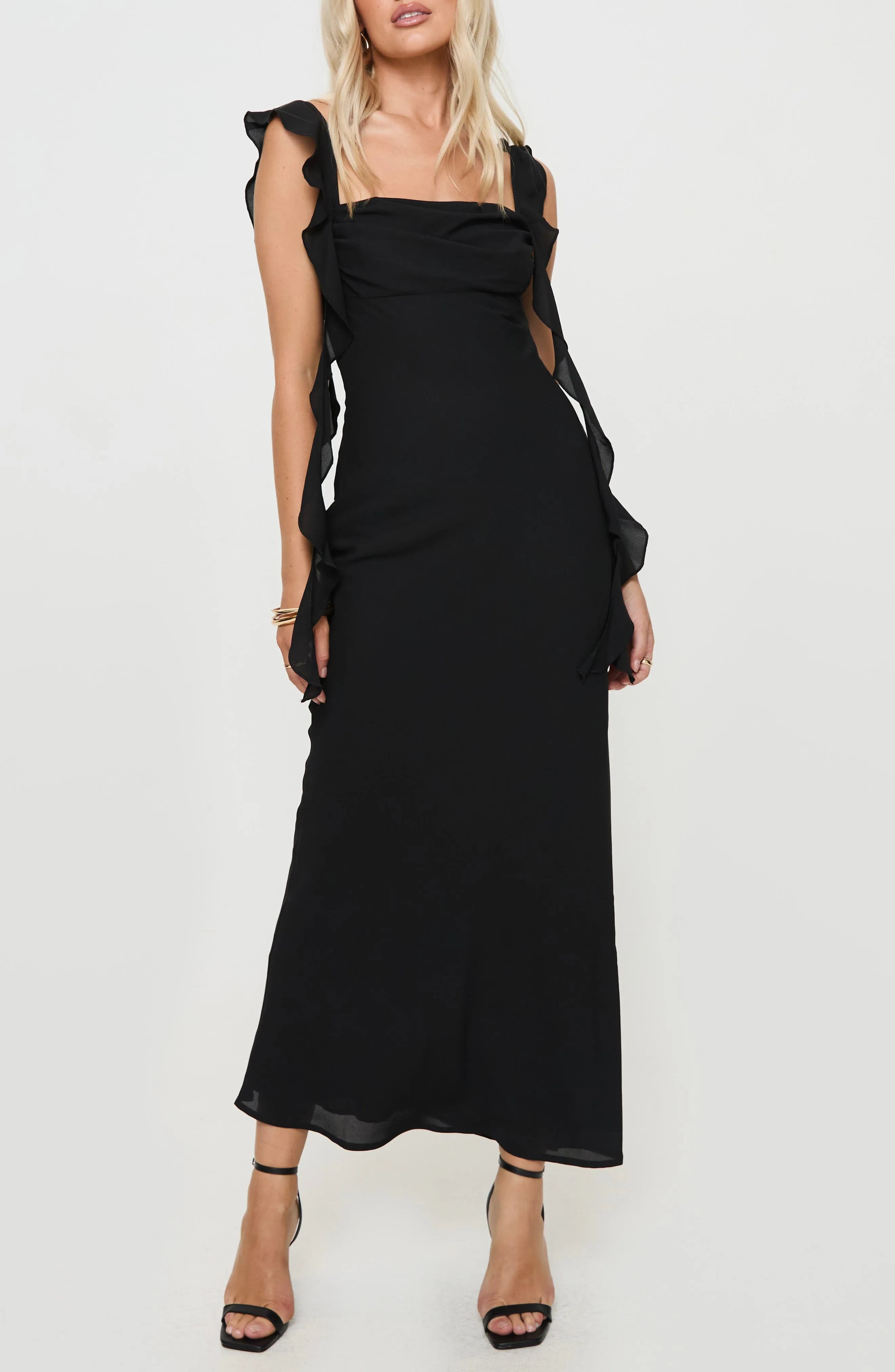 Chic Black Sheath Square Neck Ruffle Strap Floor-Length Evening Dresses