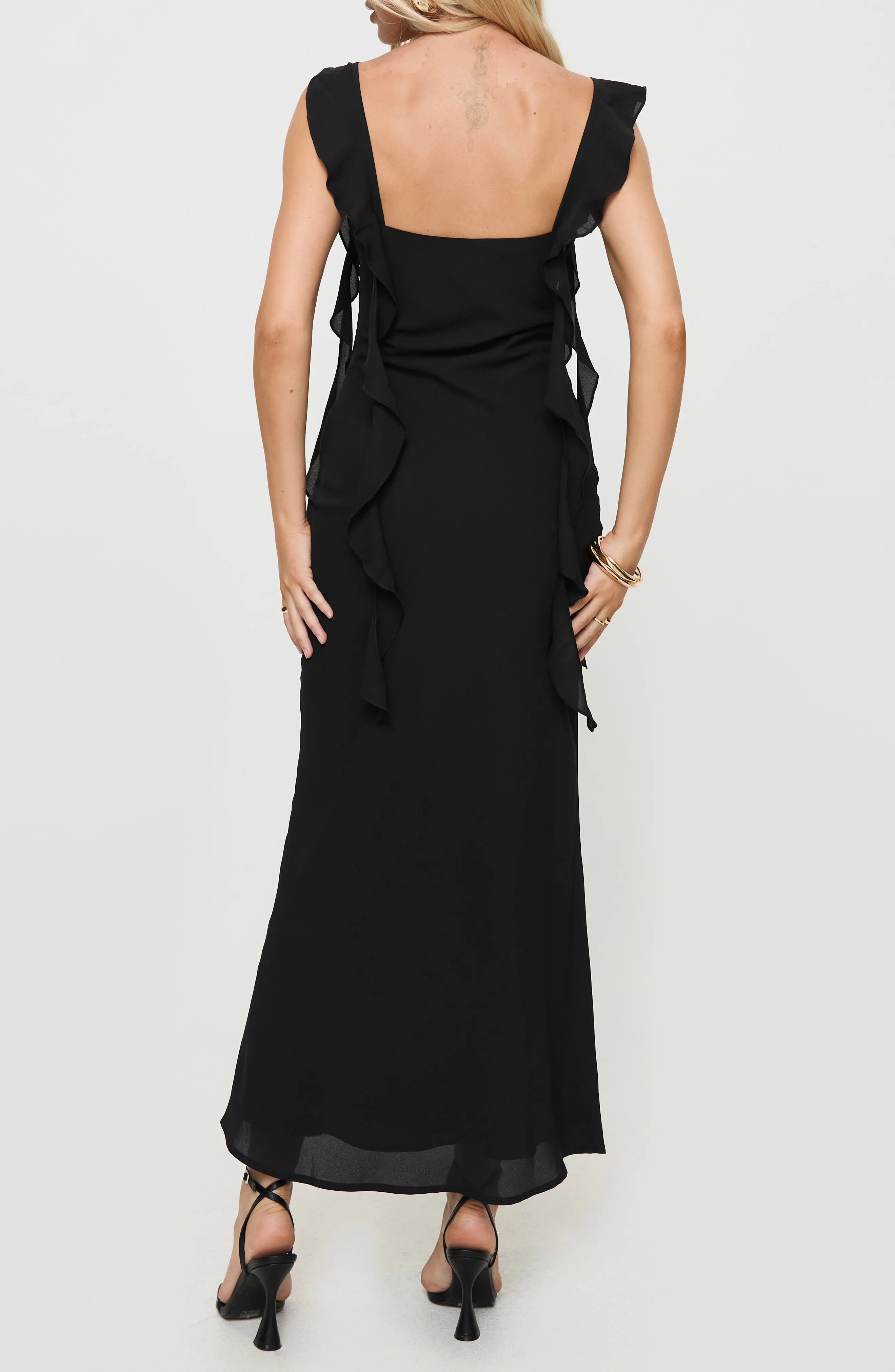 Chic Black Sheath Square Neck Ruffle Strap Floor-Length Evening Dresses