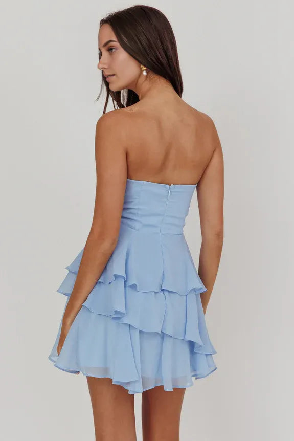 Chic Blue A-Line Strapless Sleeveless Ruffle Back Zip Short-Mini Homecoming Dresses Hot Sale