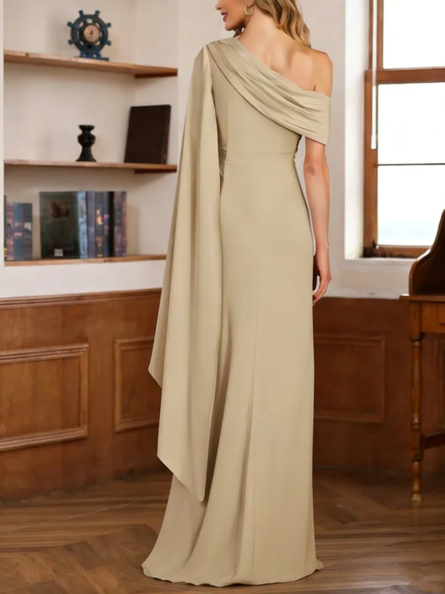 Chic Fitted One-Shoulder Cape Sleeve Ruched Back Floor-Length Mother Of The Bride Dresses