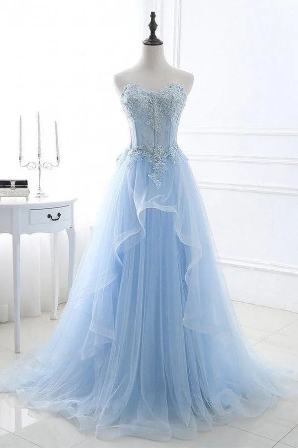 Chic Light Blue A-line Sweetheart Neck Strapless Lace Tiered Tulle Floor-length Prom Dress Hot sale
