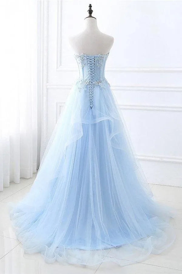 Chic Light Blue A-line Sweetheart Neck Strapless Lace Tiered Tulle Floor-length Prom Dress Hot sale