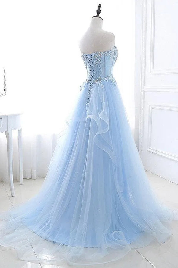 Chic Light Blue A-line Sweetheart Neck Strapless Lace Tiered Tulle Floor-length Prom Dress Hot sale