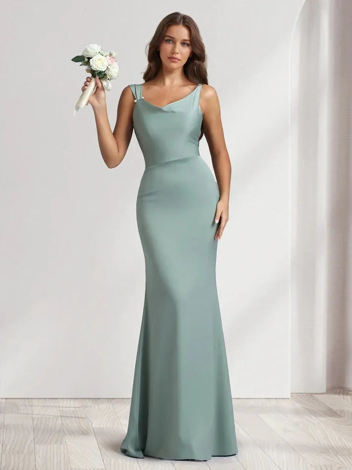 Chic Mermaid Asymmetrical Neck Spaghetti Strap V-Back Floor-Length Bridesmaid Dresses
