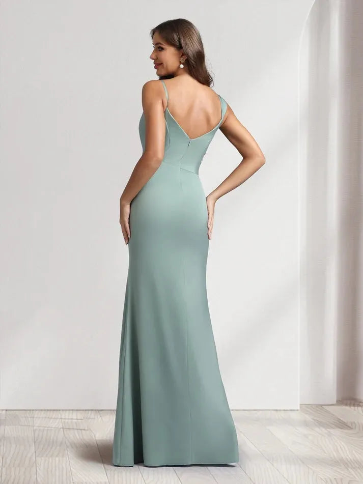 Chic Mermaid Asymmetrical Neck Spaghetti Strap V-Back Floor-Length Bridesmaid Dresses