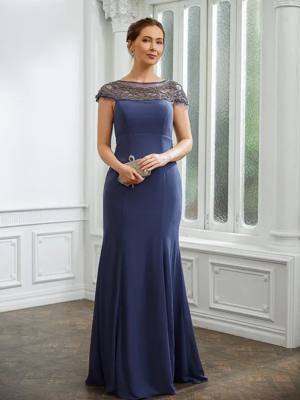 Chic Mermaid Crew Neck Short Sleeves Beaded Back Floor-Length Mother Of The Bride Dresses