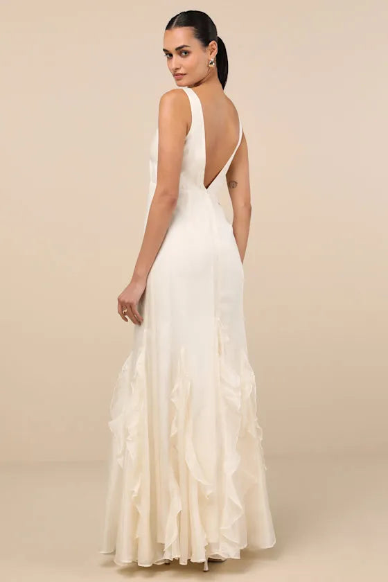Chic Mermaid Deep V -Neck Sleeveless Open Back Floor Length Formal Prom Dresses
