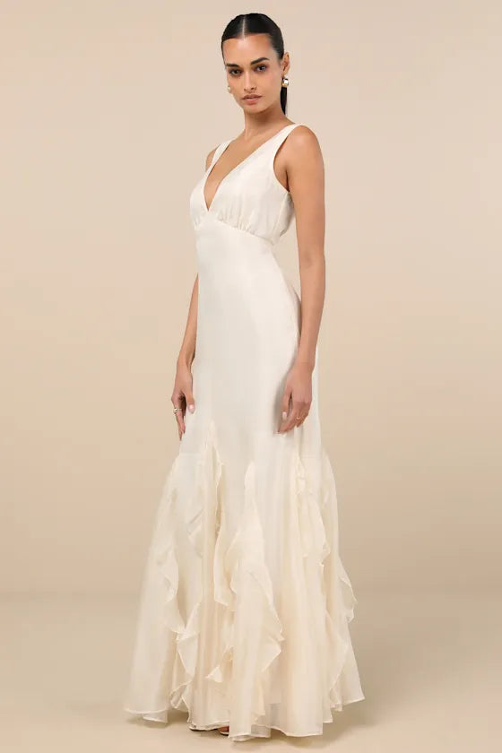 Chic Mermaid Deep V -Neck Sleeveless Open Back Floor Length Formal Prom Dresses