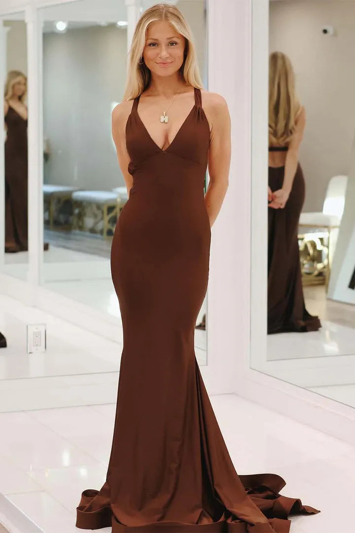 Chic Mermaid Halter V-Neck Sleeveless Open-Back Floor-Length Prom dresses female guests