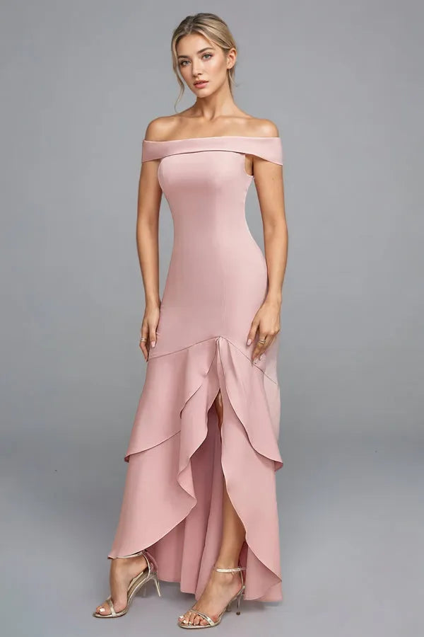 Chic Mermaid Off-The-Shoulder Sleeveless Ruffled Back Floor-Length Formal Evening Dresses