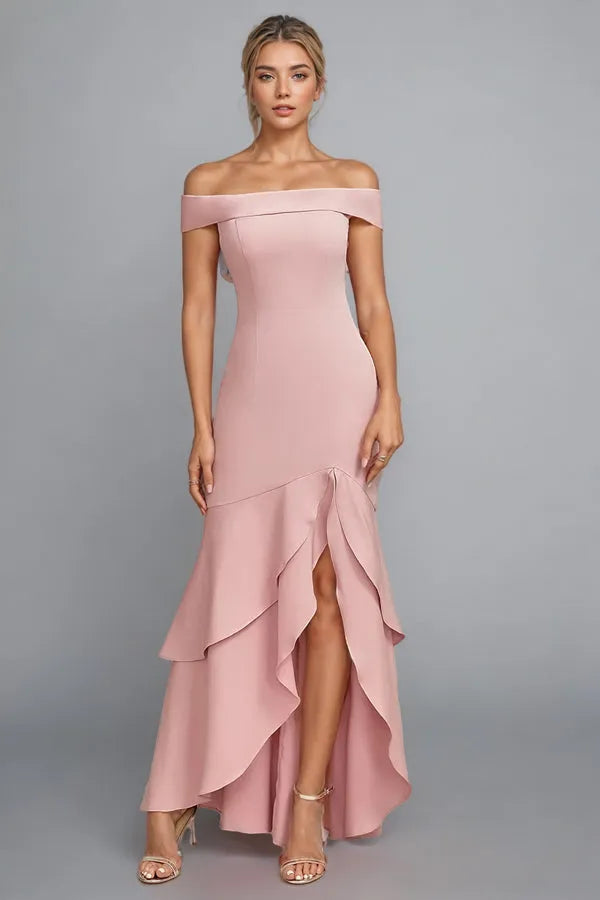 Chic Mermaid Off-The-Shoulder Sleeveless Ruffled Back Floor-Length Formal Evening Dresses