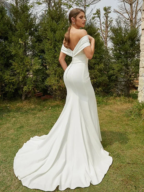 Chic Mermaid Off-The-Shoulder Slit Back Train Wedding Dresses