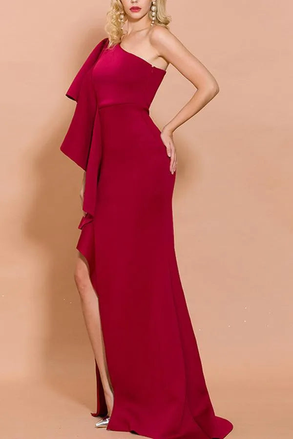 Chic Mermaid One-Shoulder Ruffle Sleeve Solid Back Floor-Length Evening Dresses