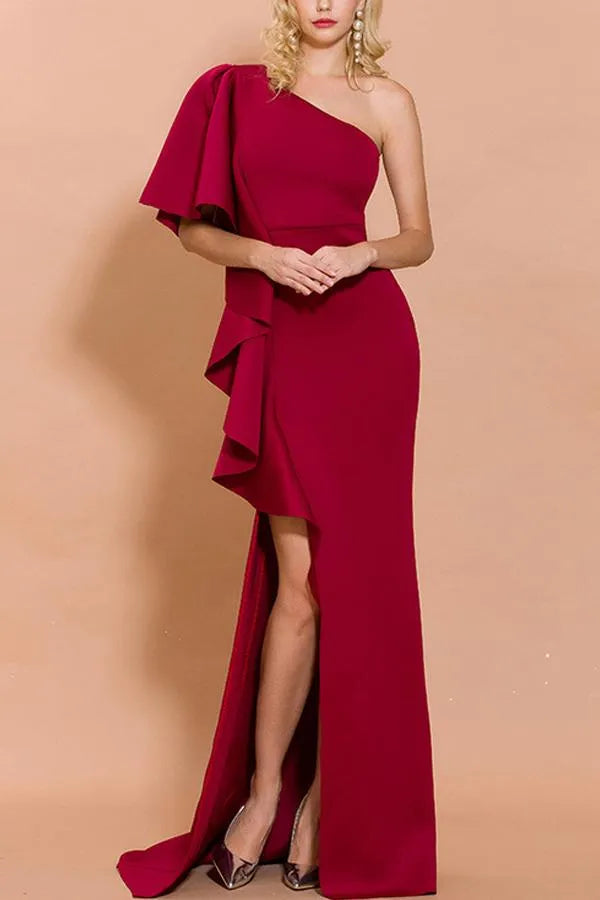 Chic Mermaid One-Shoulder Ruffle Sleeve Solid Back Floor-Length Evening Dresses