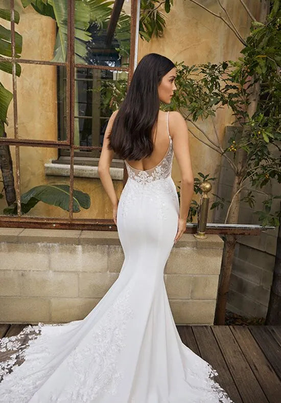 Chic Mermaid Plunge Neck Spaghetti Strap Lace Back Train Wedding Dresses