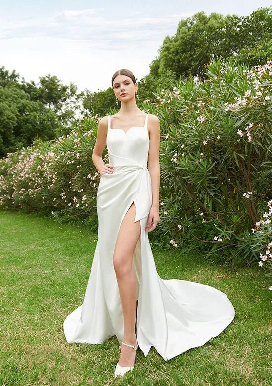 Chic Mermaid Spaghetti Strap Satin Slit Back Train Wedding Dresses