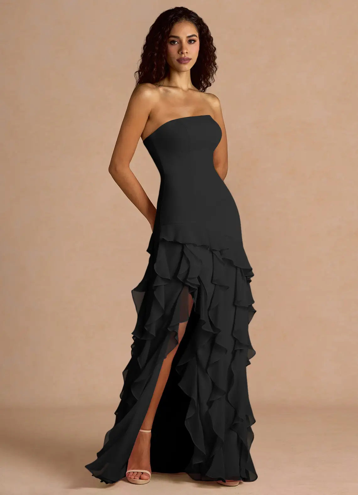 Chic Mermaid Strapless Sleeveless Ruffle Back Floor-Length Prom Dresses