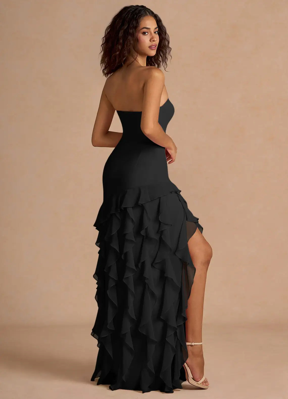 Chic Mermaid Strapless Sleeveless Ruffle Back Floor-Length Prom Dresses