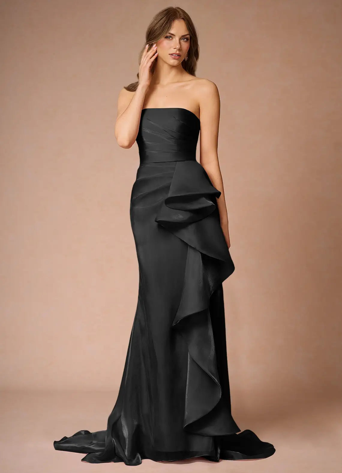 Chic Mermaid Strapless Sleeveless Ruffle Back Train Floor-Length Prom Dresses