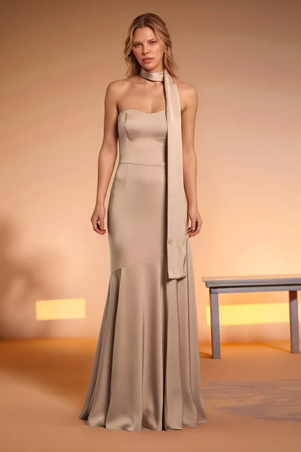 Chic Mermaid Strapless Tie Strap Open Back Floor Length Bridesmaid Dresses