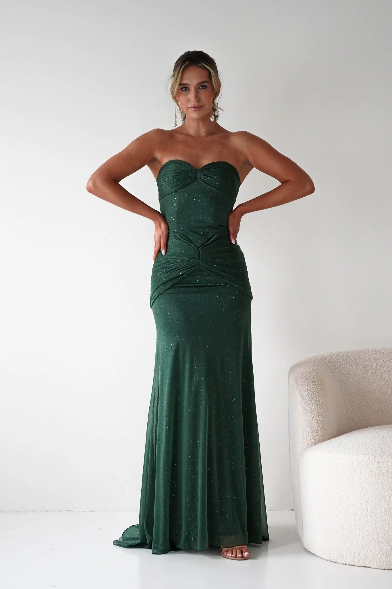 Chic Mermaid Sweetheart Strapless Glitter-Bodice Floor-Length Formal Prom Dresses