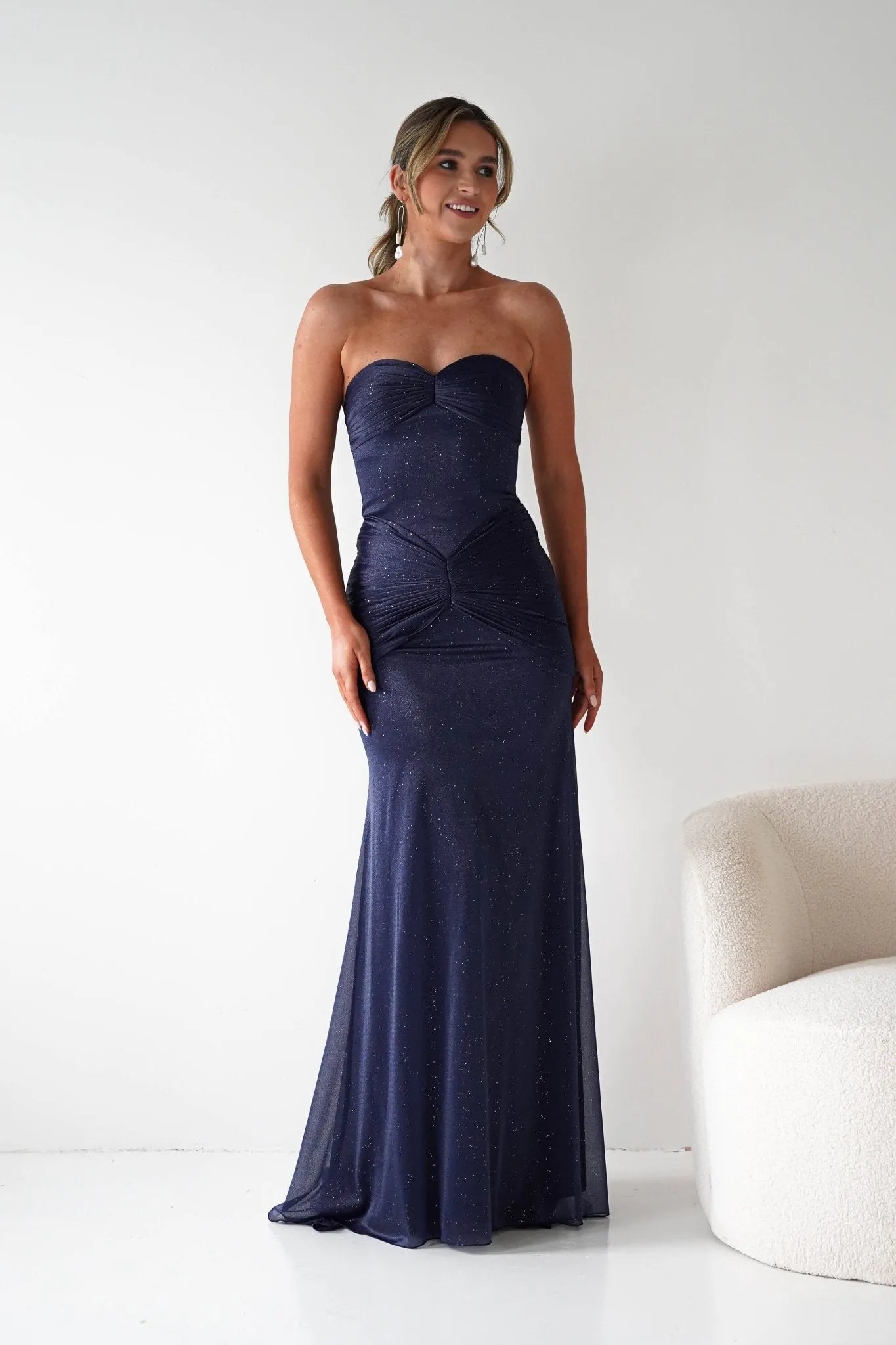 Chic Mermaid Sweetheart Strapless Glitter-Bodice Floor-Length Formal Prom Dresses