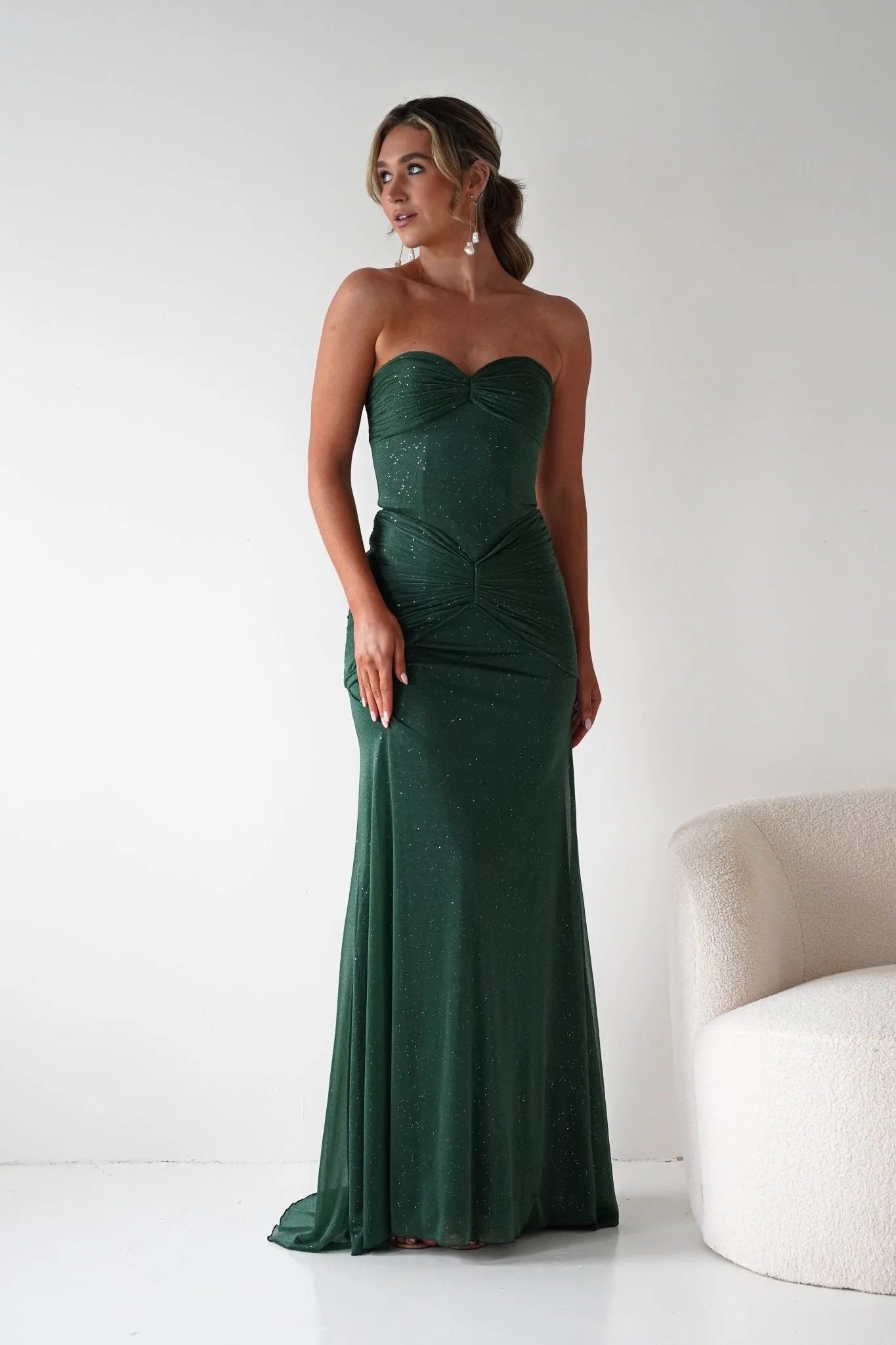 Chic Mermaid Sweetheart Strapless Glitter-Bodice Floor-Length Formal Prom Dresses