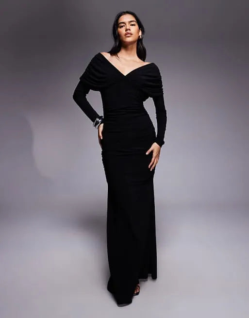 Chic Mermaid V-Neck Long-Sleeve Open-Back Floor-Length Evening Dresses