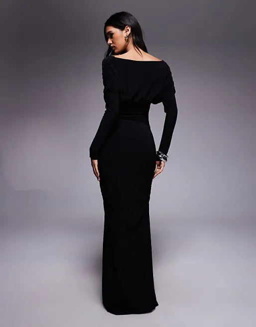 Chic Mermaid V-Neck Long-Sleeve Open-Back Floor-Length Evening Dresses
