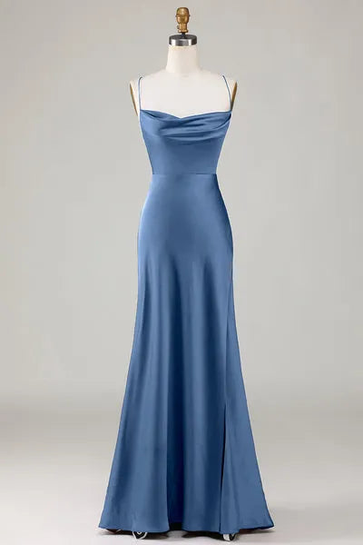 Chic Sheath Cowl Neck Spaghetti-Sleeve Lace-Up Back Long Bridesmaid Dresses
