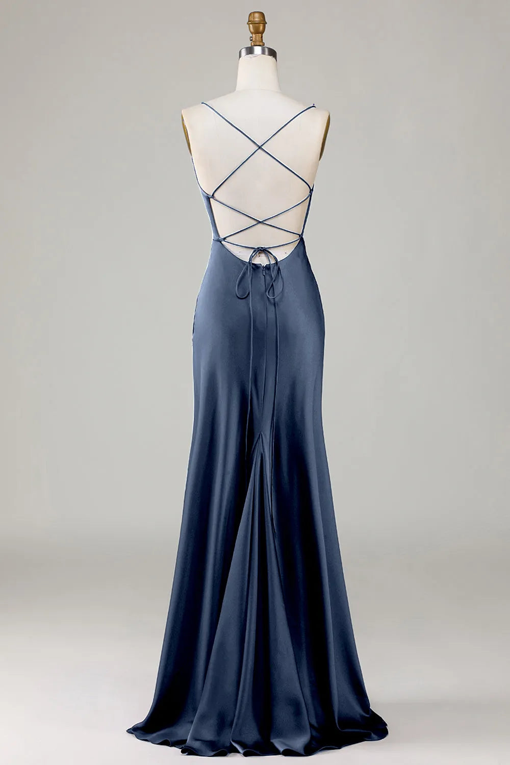 Chic Sheath Cowl Neck Spaghetti-Sleeve Lace-Up Back Long Bridesmaid Dresses